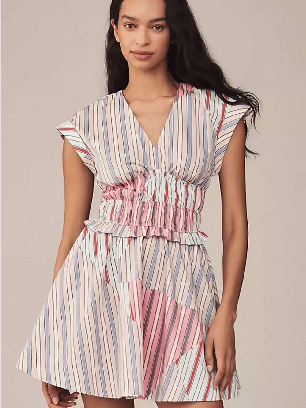 Anthropologie Striped A-Line V-Neck Ruched Waist Mini Dress Grey Multi Size XXS